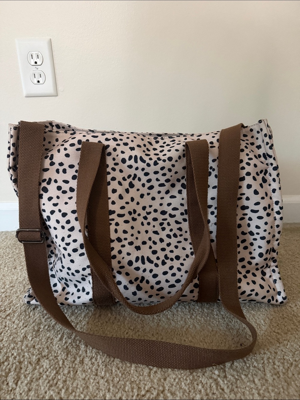 Spotted Canvas Tote Bag with Brown Straps